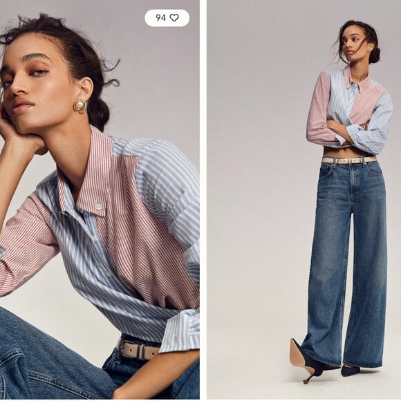 Maeve by Anthropologie Striped red and Blue Cropped Blouse - Picture 2 of 9